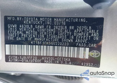 2016 Toyota Camry Se from USA, damaged, VIN 4T1BF1FK5GU220223